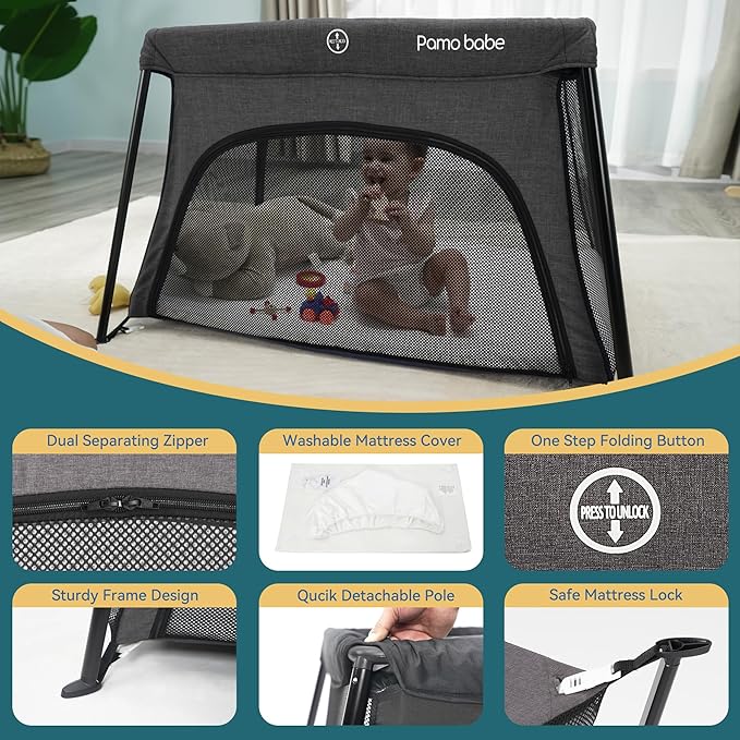 Pamo Babe Travel Crib Lightweight Baby Playard with Mattress Compact Play Yard with Detachable Legs