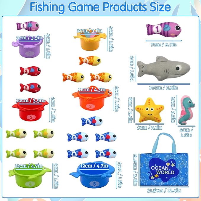 Montessori Toys for 1 Year Old, Cloth Fishing Game for Baby 12 Months with Stacking Cups, Number Counting, Color Sorting, Shape Learning