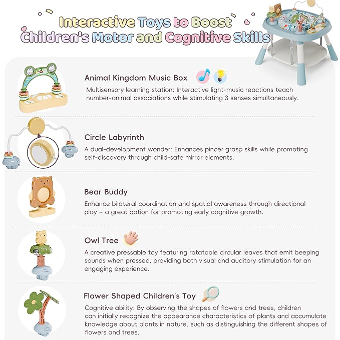 TOLEAD Baby Activity Center, Infant Jumper Activity Center with 5 Infant Toys, Music, Lights, Baby Jumpers and Bouncers, 360°Rotating Seat, Adjustable Heights, Toddler Play Table for 6+ Months (Blue)