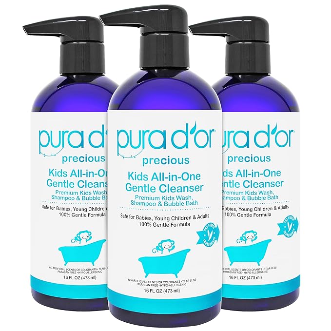 PURA D'OR Kids Wash (16oz x 3 = 48oz) All-in-One Gentle Cleanser - USDA Biobased, Sulfate-Free, Tear-Less, Hypoallergenic, Premium, Shampoo & Bubble Bath