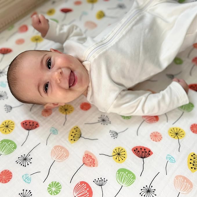 Margaux & May Organic Muslin Cotton Baby Crib Sheet, Dandelion Print, Fitted, Breathable, Toddler Bedding, 52 x 28, Deep Pocket, Organic Crib Sheets for Cozy Sleep