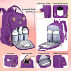 Dikaslon Diaper Bag Backpack with Portable Changing Pad, Pacifier Case and Stroller Straps, Large Unisex Baby Bags for Boys Girls, Multipurpose Travel Back Pack Moms Dads, Purple