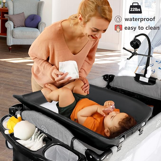 Kinder King 4 in 1 Portable Baby Playard, Foldable Baby Bedside Crib w/Bassinet, Infant Pack and Play Playard Toddler Large Playpen, Newborn Changing Table, Storage Basket, Grey