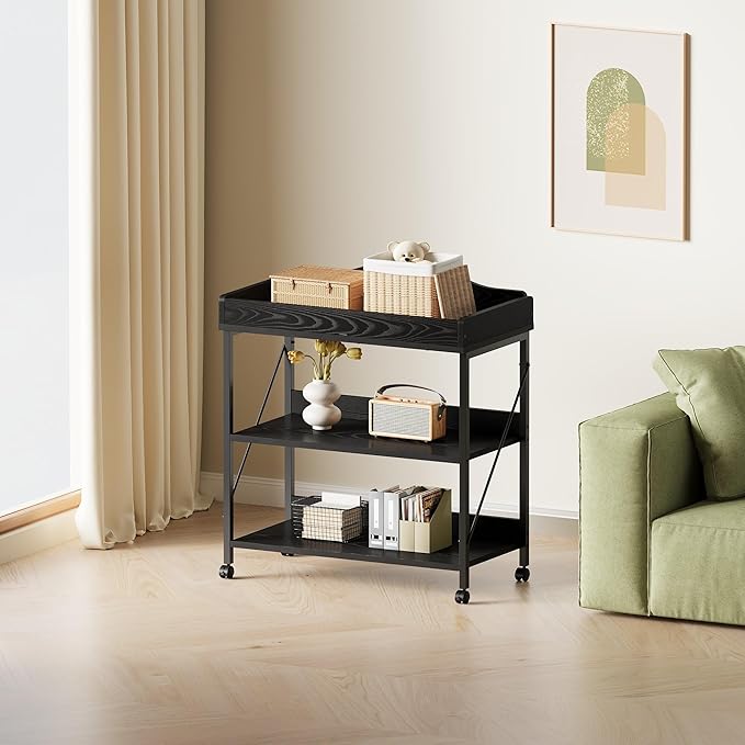 Baby Changing Table, Diaper Changing Station with Pad and Wheels, Two-Tier Open Storage Shelves, Waterproof Diaper pad & Safety Strap,Compact Baby Furniture for Nursery, Black