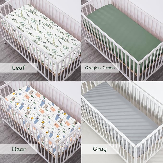 Bimocosy Crib Sheets for Boys Girls, Fitted Crib Sheet 4 Pack for Standard Crib and Toddler Mattresses, Super Soft Breathable Microfiber Baby Sheet 28x52x8in, Leaf/Bear/Gray/Green