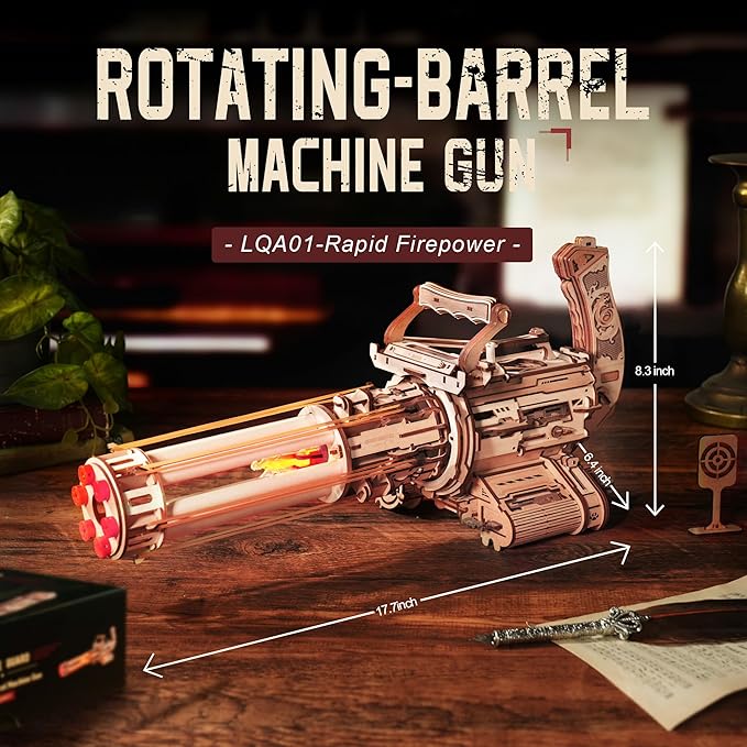 ROKR Gun 3D Puzzles for Adults, Wooden 3D Puzzle Rubber Bands Gun Toy, Rotating-Barrel Machine Gun, Wood Model Craft Kits, Cool Hobbies Birthday Gifts for Men Teen Boys 14+