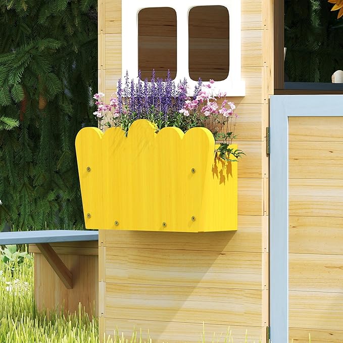 Outsunny Wooden Playhouse for Kids Outdoor Garden Pretend Play Games, Adventures Cottage, with Working Door, Windows, Bench, Service Station, Flowers Pot Holder, for 3-7 Years Old, Blue