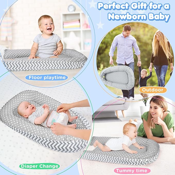 KISS GOLD Baby Lounger - Breathable Soft Cotton Cover Baby Lounger Nest, Babies Essentials Gifts, Portable Lounger for Baby Tummy Time Floor Playing Seated Support for Home and Travel