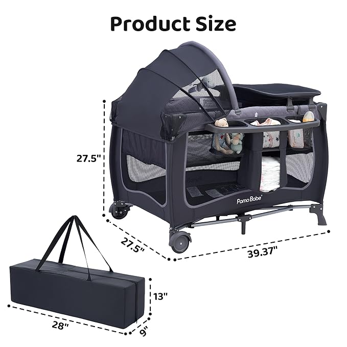 Pamo Babe Baby Playard with Canopy, Portable Crib with Changing Table