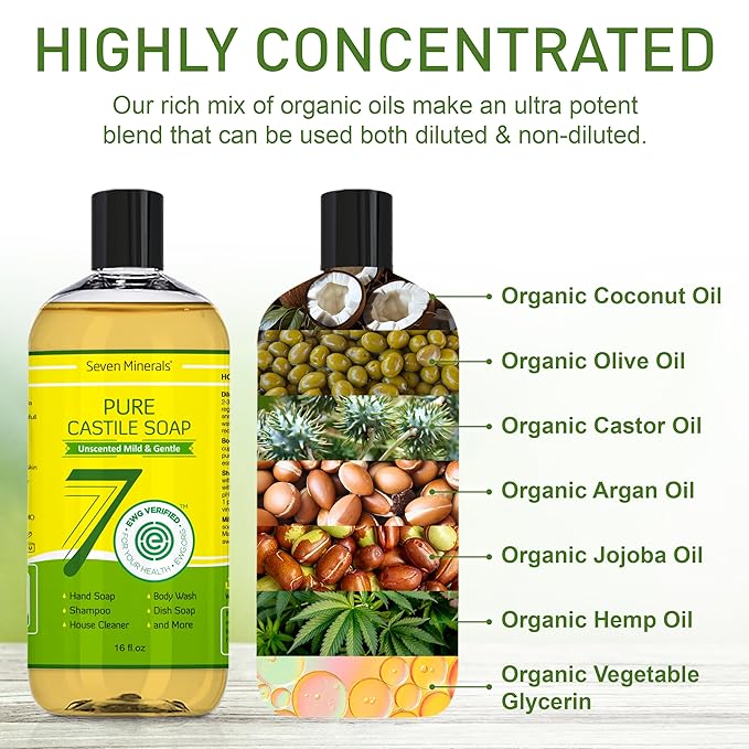 Pure Castile Soap - No Palm Oil, GMO-Free - Gentle Liquid Soap For Sensitive Skin & Baby Wash - All Natural Vegan Formula with Organic Carrier Oils (16 Fl Oz, An Unscented)