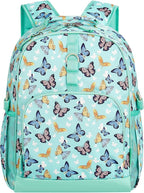 Choco Mocha Butterfly Backpack for Girls, Elementary School Backpack for Girls Ages 6-8 Kids Kindergarten Backpack Bookbag 17 Inch with Chest Strap, Green