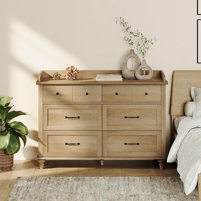 WAMPAT Oak Dresser for Bedroom with 6 Drawers, Baby Dresser with Solid Wood Legs, Farmhouse Light Wood Closet Storage Organizer, Horizontal Dressers for Nursery, Living Room, Kids Room