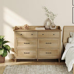 WAMPAT Oak Dresser for Bedroom with 6 Drawers, Baby Dresser with Solid Wood Legs, Farmhouse Light Wood Closet Storage Organizer, Horizontal Dressers for Nursery, Living Room, Kids Room
