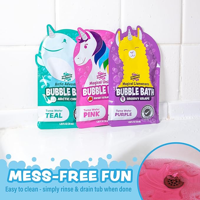 Tub Works® Magical Kids Bubble Bath, Variety 12 Pack | Creates Colorful Water & Tons of Foam Bath Bubbles | Nontoxic | Character-Themed Bubble Bath for Kids | Pink, Purple & Teal Bath Colors