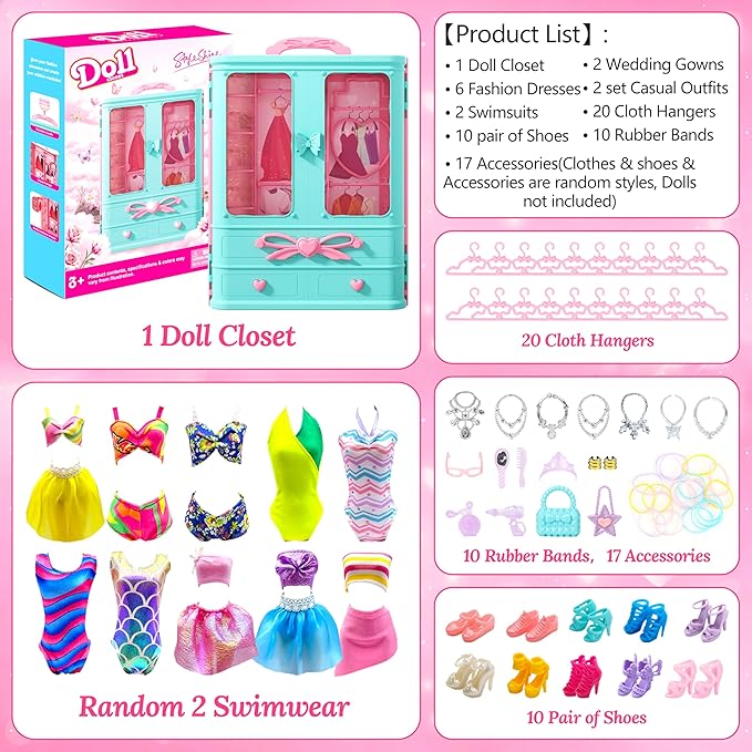 70 Pcs Doll Closet with Clothes & Accessories Set,2 Wedding Gowns 6 Fashion Dresses 2 Casual Outfits 2 Swimsuit 10 Shoes 20 Hanger 27 Accessories,Dress up Toys for Girls Kids Birthday Gift