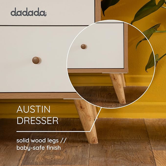 dadada Austin 5-Drawer Dresser for Nursery and Bedroom - Modern Design, Large Storage, Baby-Safe Finish, Anti-Tip Safety, Solid Wood Feet, Durable Construction (White+Natural)