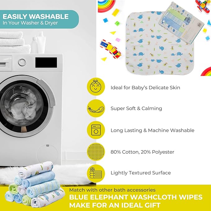 Spasilk Washcloth Wipes Set for Newborn Boys and Girls, Soft Terry Washcloth Set, Pack of 20, Blue Elephant