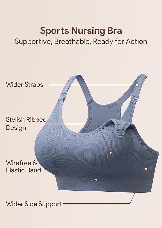 Angelhood Nursing Bras for Breastfeeding, Ribbed Nursing Sports Bra Yoga Maternity Bras Pregnancy Sleep Bralette