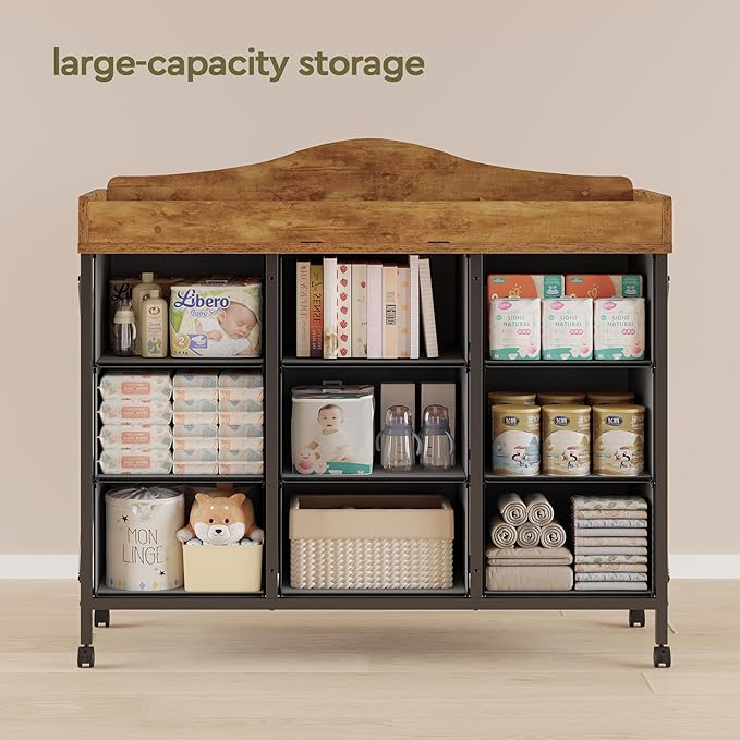 Baby Changing Table with 9 Fabric Drawers, Waterproof Diaper Changing Station & Pad, Mobile Nursery Diaper Changing Table, Baby Furniture, Bedroom, Rustic Brown