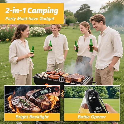 Meat Thermometer Digital, Waterproof Instant Read Cooking Thermometer with LCD Backlight, Magnetic Back & Bottle Opener for Kitchen, Baking, Sous Vide, Outdoor Grilling,Candy Making