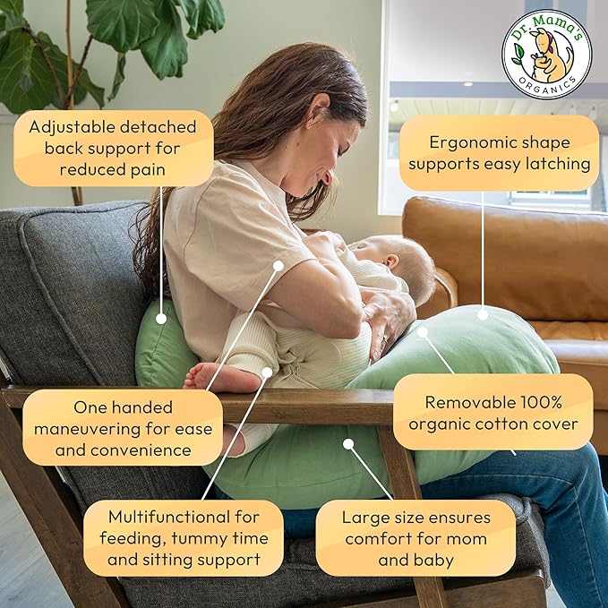 Dr. Mama's Organics Nursing Pillow with Lumbar Support - Ergonomic Design Helps Relieve Back Pain and Arm Fatigue - for Bottle and Breastfeeding - Removable Organic Cotton Cover (Sage)