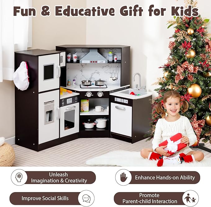 Costzon Kids Kitchen Playset, Pretend Cooking Toys w/Washing Basin, Real Lights & Sounds, Microwave, Oven, Blackboard, Ice Maker, Range Hood, Stoves, 2-PieceCorner Wooden Play Kitchen for Kids 3+