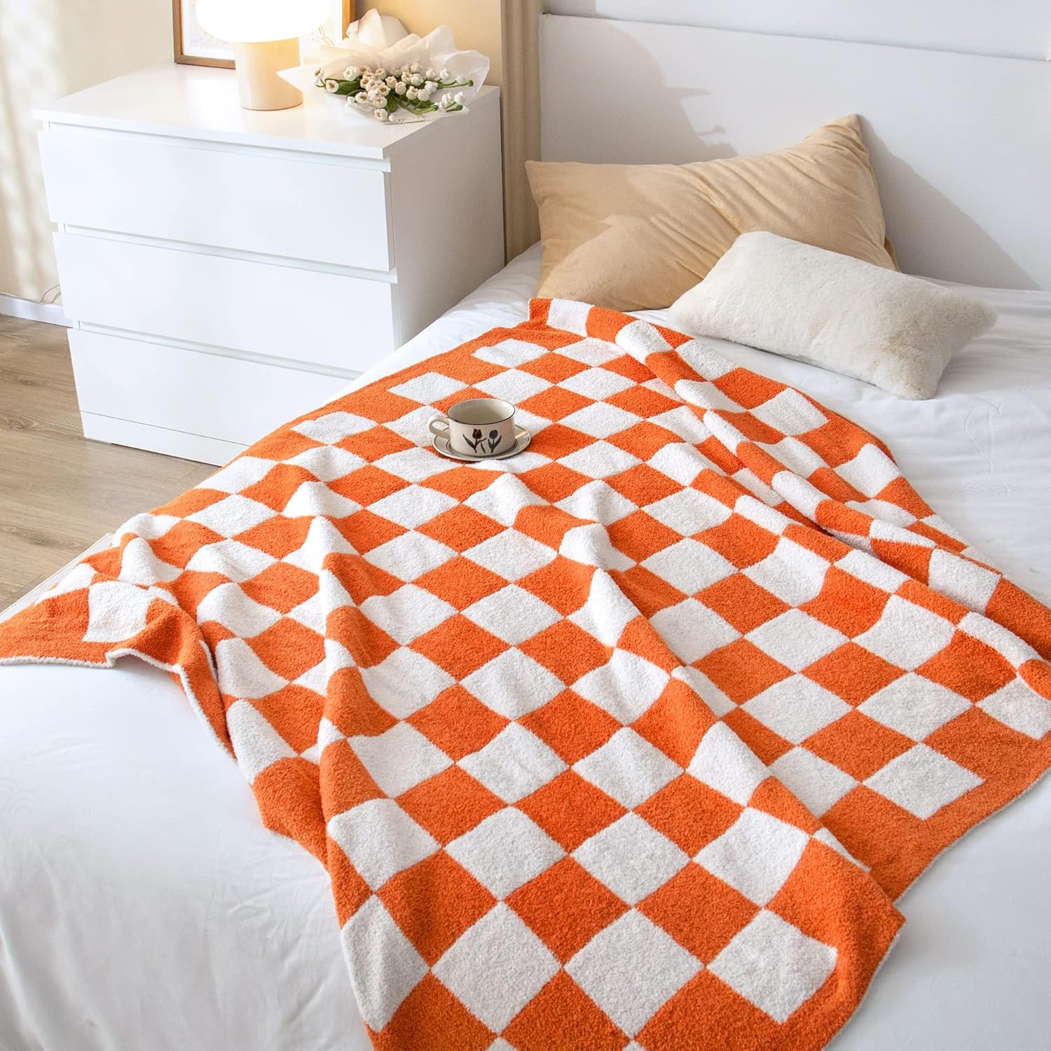 SeaRoomy CheckeredThrow Blanket, Soft Fluffy Microfiber Knit Throw Blanket for Couch Bed, Warm Cozy Reversible Checkerboard Knitted Blanket Room Decor(Burnt Orange, 51"×63")