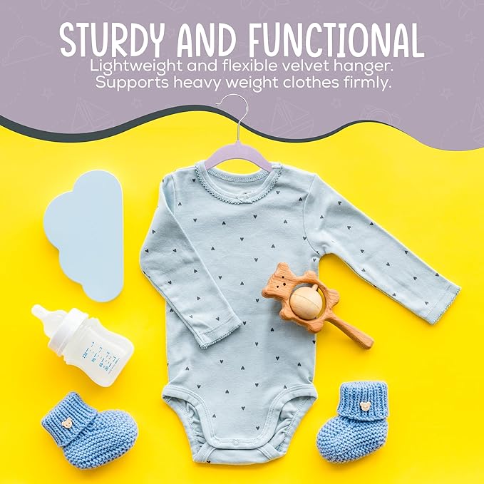 50 Premium Velvet Baby Hangers 11.8" Inch Non-Slip Infant, Ultra Slim Space-Saving Children Closet Hangers, 360° Swivel Hook, Strong & Durable Baby Toddler Kids Clothes Hanger, Purple