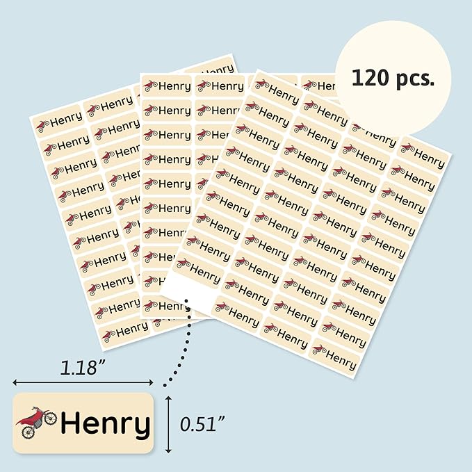 Personalized Name Labels for Kids (120) – Custom Waterproof & Durable Stickers for Clothing, Daycare, Office & School Supplies - Motor