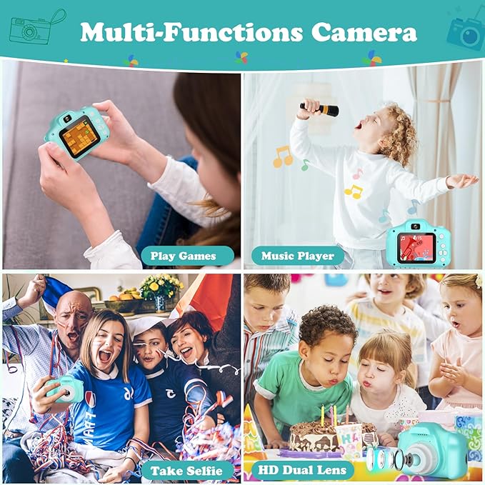 Kids Camera, HD Digital Video Camera, Childrens Toys for 3 4 5 6 7 8 9 Year Old Boys/Girls, Selfie Camera for Kids, Christmas Birthday Gifts with 32GB SD Card (Green)