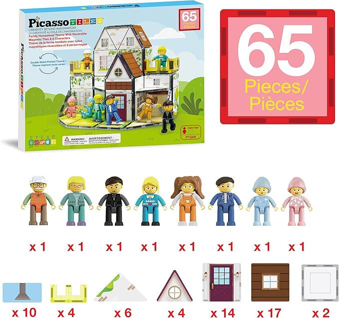 PicassoTiles Magnet Tile Building Block Family Homestead Doll House Theme Playset 8 Character Action Figures Double Sided Magnetic Tiles Printing STEM Education Learning Kit Toy Set Kids Ages 3+ PTQ06