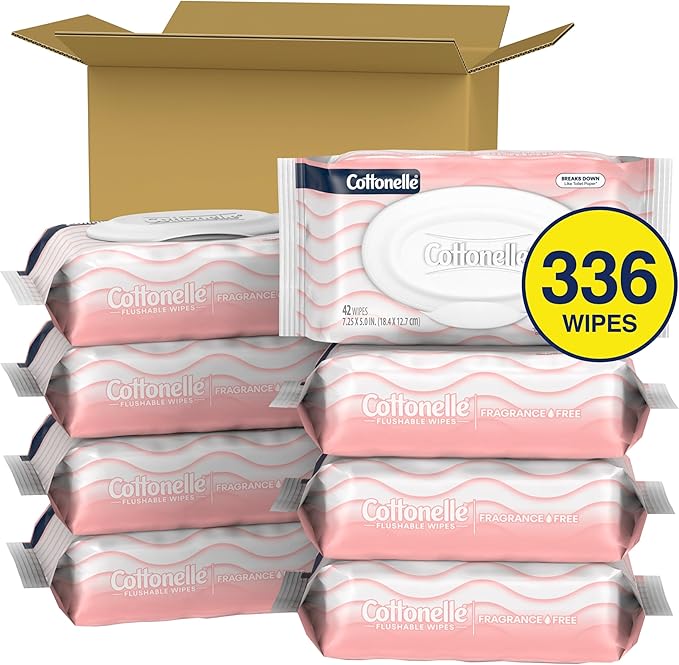 Cottonelle Fragrance Free Flushable Wet Wipes, Adult Wet Wipes, 8 Flip-Top Packs, 42 Wipes Per Pack