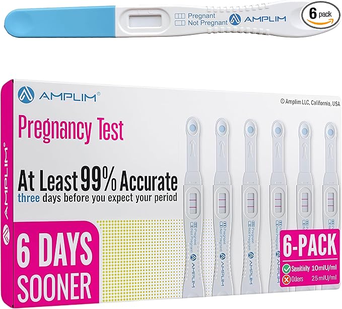 AMPLIM HCG Early Detection Pregnancy Test Bulk Stick – 6-Days Sooner, Extra Sensitive 10 MIU/mL, Midstream – Mom 2-Sec Easy Home Tests, 99.99% Accurate Pregnant Test Result (6 Pack)