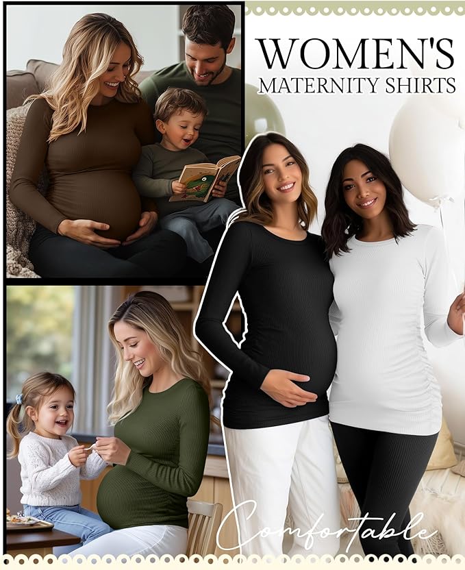Ficerd 4 Pack Women's Maternity Shirts Cotton Long Sleeve Ribbed Crew Neck Pregnancy Tops Side Ruched Casual Mama Clothes