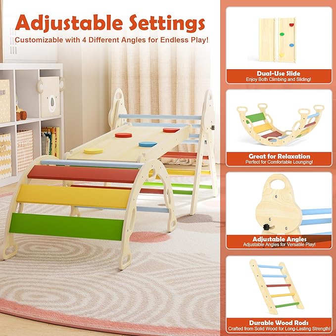 Pikler Triangle Set 7in1 Toddler Climbing Toys Indoor Foldable Baby Climbing Toys Wooden Montessori Climbing Set with Arch, Ramp, Ladder for 1-3 Years, Jungle Gym for Kids