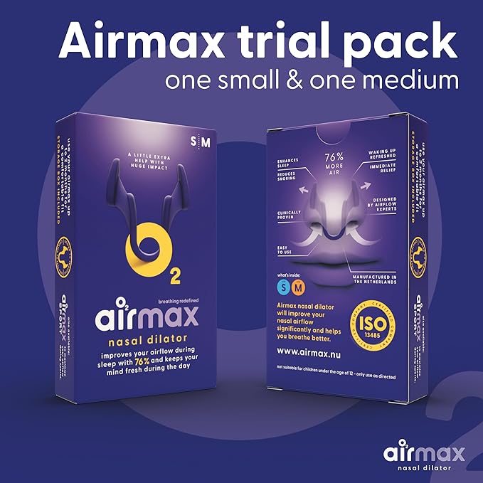Air Max Nasal Dilators Trial Pack - Anti Snoring Devices - 76% More Airflow for Better Breathing & Against Nasal Congestion - Guaranteed Fit (1x Small & 1x Medium) - Reusable