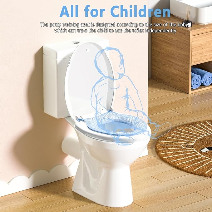 Family Toilet Seat Elongated, Built-in Toddler Potty Training Seat, Baby Toilet lid 2 in 1 Soft Close Quiet with Magnet, Easy Clean PP Material Safe and No Loosen (White Elongated 18.5 Inch)
