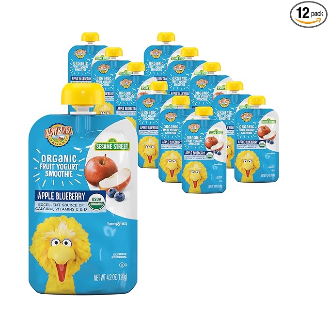 Earth's Best Organic Yogurt Smoothie Pouches, 24+ Months, Fruit Yogurt Smoothie for Toddlers 24 Months and Up, Apple Blueberry, 4.2 Ounce Resealable Pouch (Pack of 12)