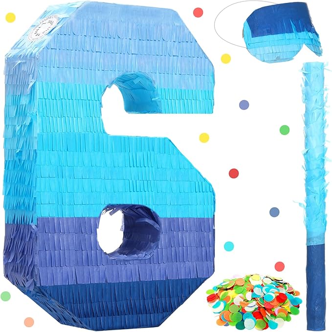 Sratte Number 1 2 3 4 5 6 7 8 9 Piñata with Stick Blindfold Confetti, Gradient Blue Piñata for Kids Boys Girls Birthday Party Anniversary Decorations Supplies(Number 6)