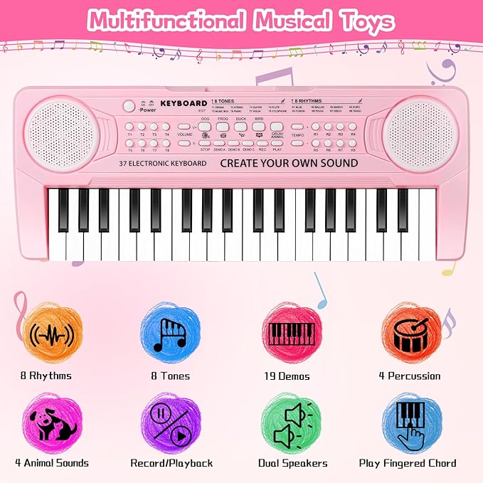 Kids Toddler Toy Piano Keyboard, 37 Key Pink Pianos for Kid Music Toys Instruments with Microphone for 3 4 5 6 7 8 Year Old Girl Boy Birthday/Christmas Day Gift