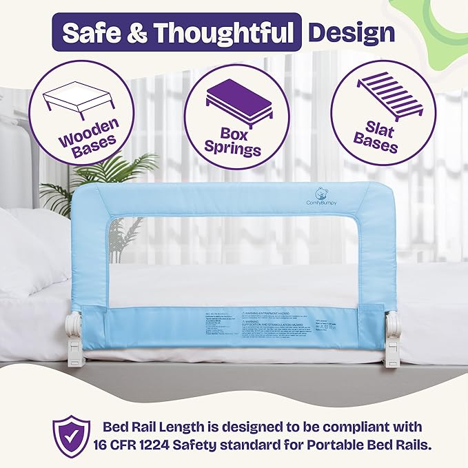 ComfyBumpy 1-Pack Bed Rail for Toddlers 35.5" L x 19.5" H | Toddler Bed Rails for Twin, Full & Toddler Bed Size | Swing Down Bed Rail Guard | Baby Bed Side Rail for Kids | Blue