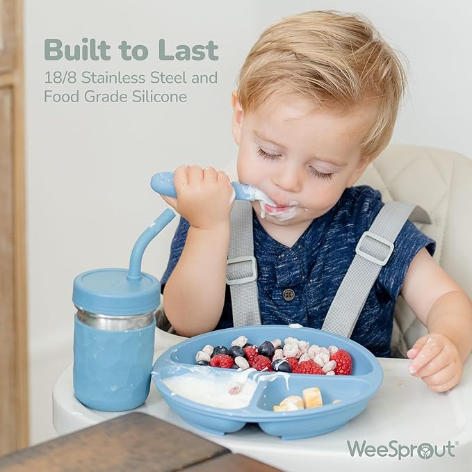 WeeSprout Toddler Utensils, 3 Forks & 3 Spoons, 18/8 Stainless Steel & Food Grade Silicone, Thick Easy-Grip Handles, Perfect Length For New Self Feeders, Gentle On Gums & Teeth, Dishwasher Safe