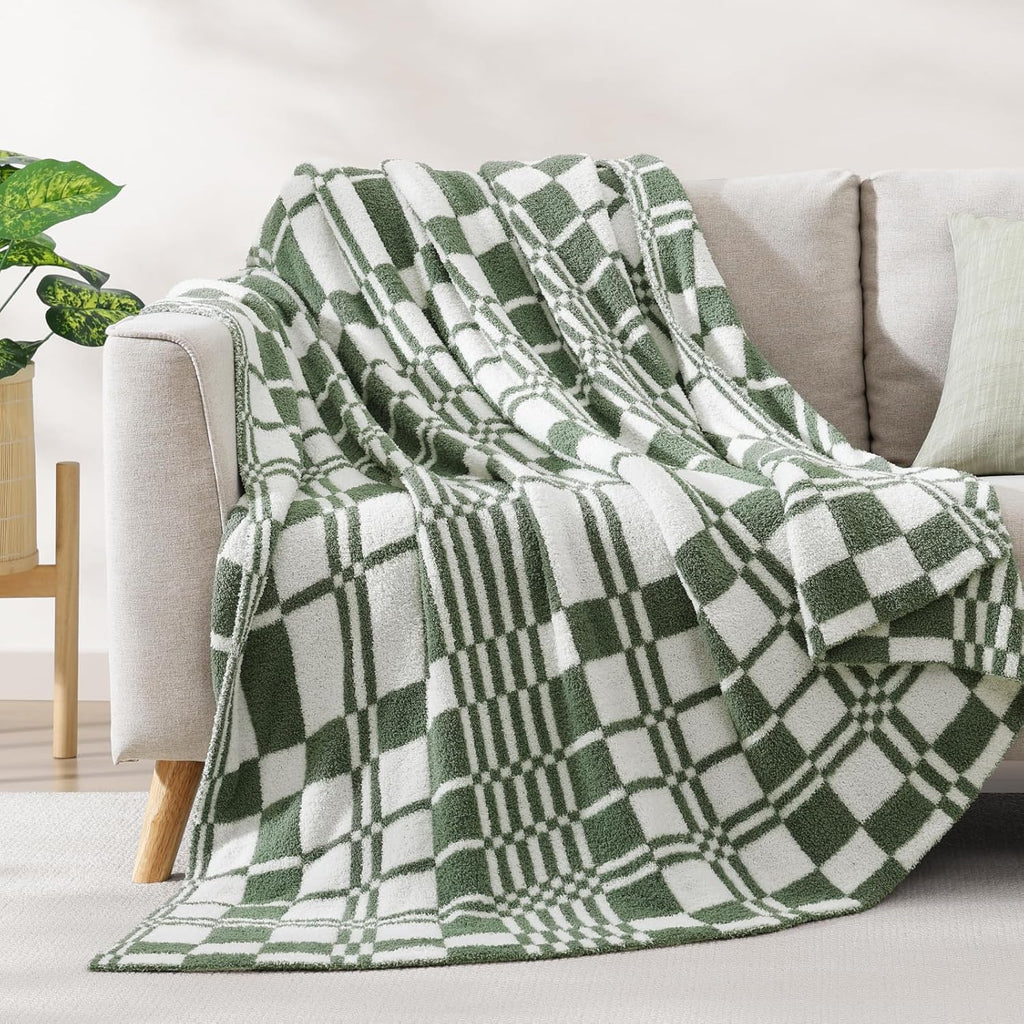 WRENSONGE Checkered Throw Blanket Olive Green Soft Cozy Fluffy Warm Hand Made Weave Throw Blankets for Couch, Sofa, Chair, Bed, Camping, Picnic, Travel Lightweight Bed Blanket - 60"*80"