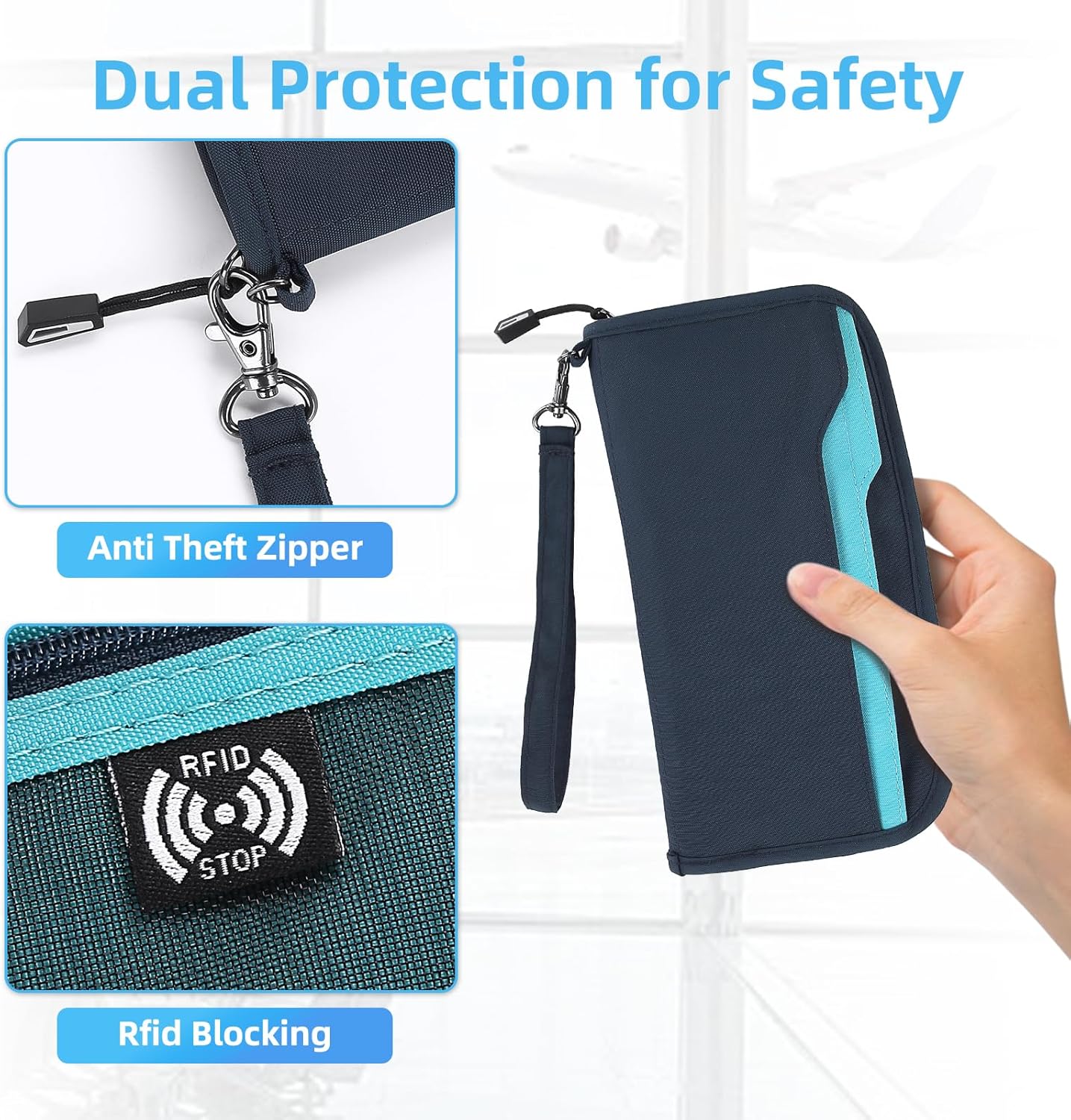 ZOPPEN Passport Holder Family RFID Passport Wallet, Passport Holder Women/Men, Travel Wallet Documents Organizer Zipper Case with Removable Wristlet Strap, Travel Essentials for Flying