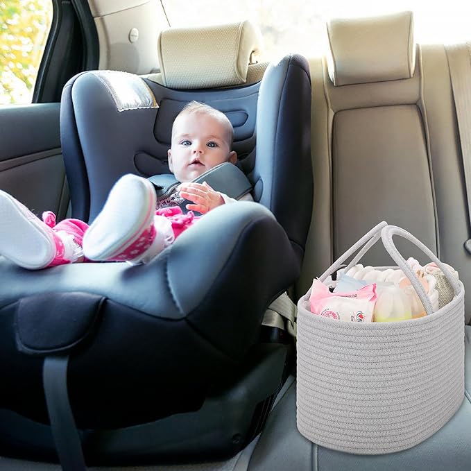 COMSE Large Baby Diaper Caddy Organizer for Girl Boy, Car Caddy with Handles, Cotton Rope Basket for Changing Table, Nursery Organizer, Gift for Baby Shower and Registry Must Have, Cool Gray