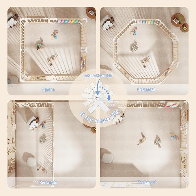 Baby Playpen - Adjustable Multi-Shape Wooden Play Yard, Portable Collapsible Activity Center with Baby Fence Play Area & Toys for Infants, Toddlers (56x56x24inch