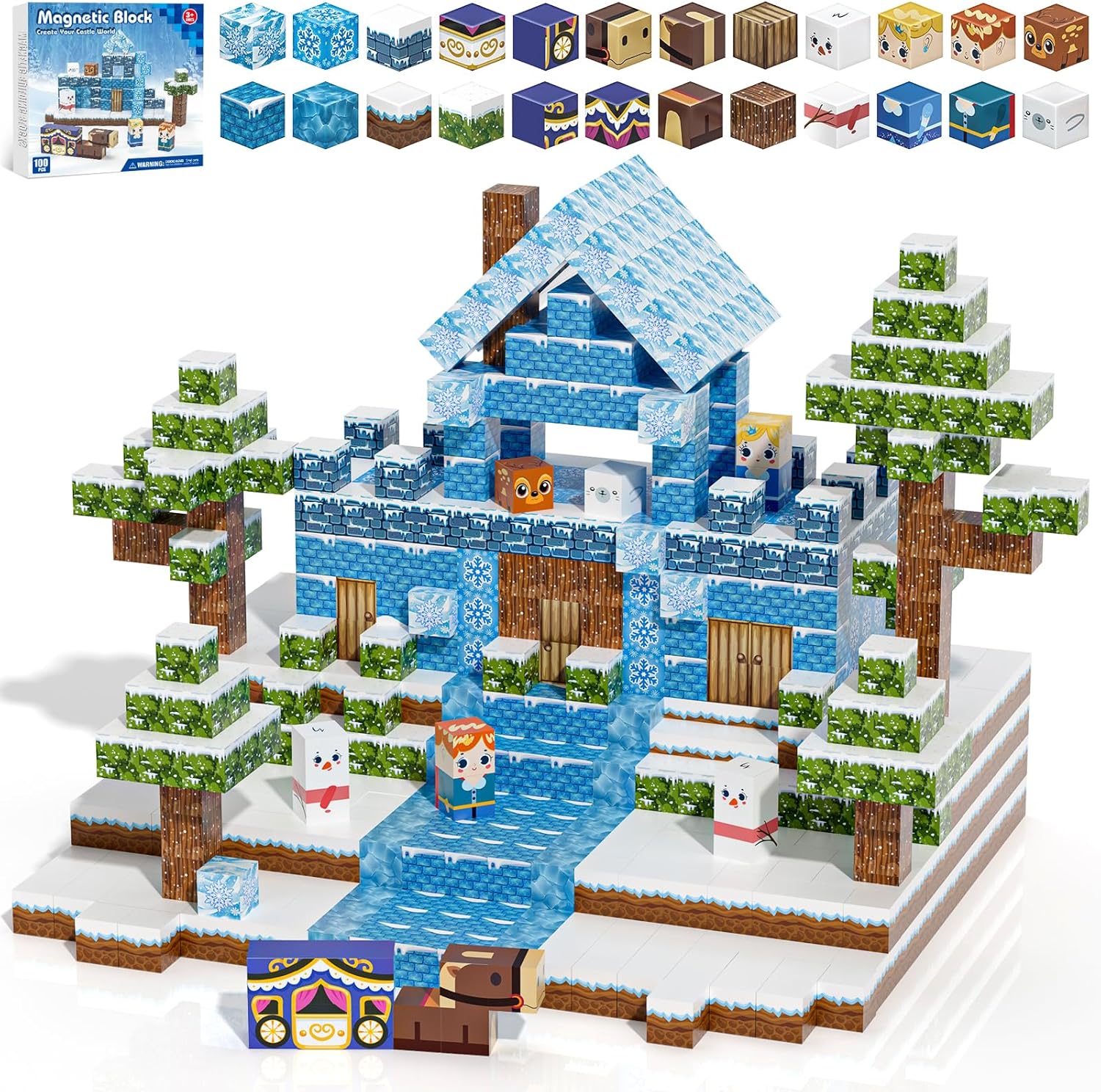 100pcs Magnetic Blocks, Magnetic Blocks for Kids Ages 4-8, Magnetic Cubes Sets for Frozen Princess Castle Build, Stacking Magnets for Kids, Birthday Gifts for Boys and Girls Age 3+ Years Old