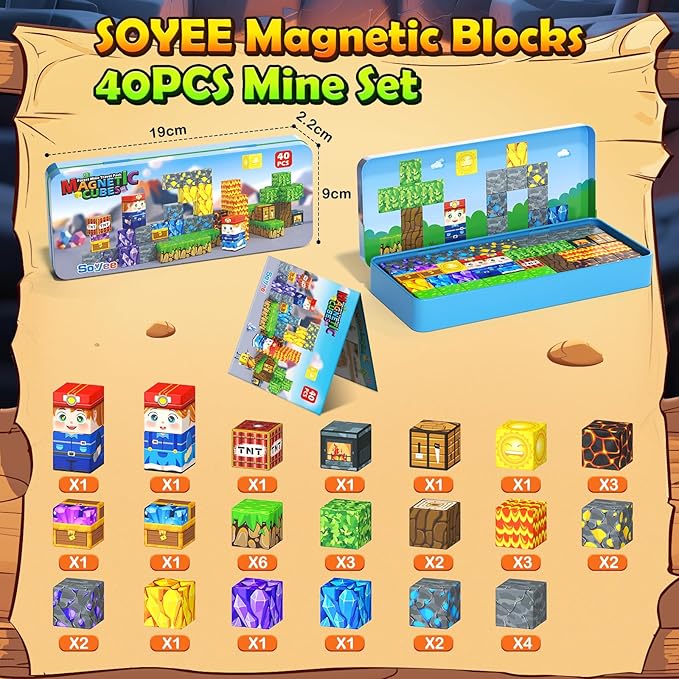 Soyee Magnetic Blocks Travel Toys with Metal Tin Travel Essentials STEM Learning Outdoor Building Kids Toddler Toys & Birthday Gifts for Boys Girls Ages 3+