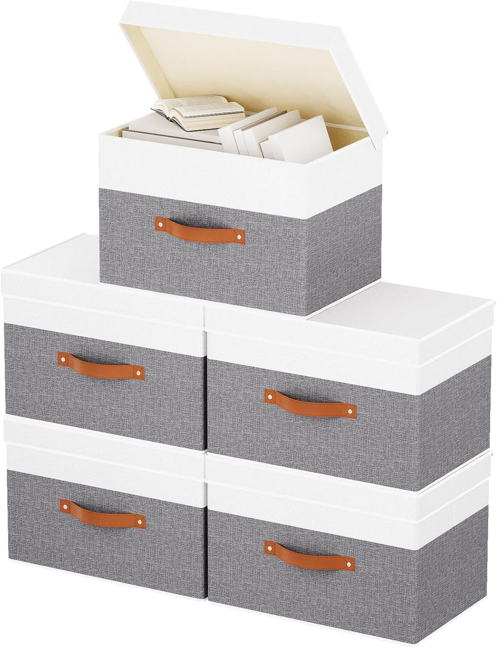 Fabric Storage Boxes with Lids, Linen Foldable Cloth Baskets, Closet Organizer Containers with Double Handles, Sweater Bins for Bedroom, White and Grey, 5 Pack, 13 x 9.1 x 7.9 Inch