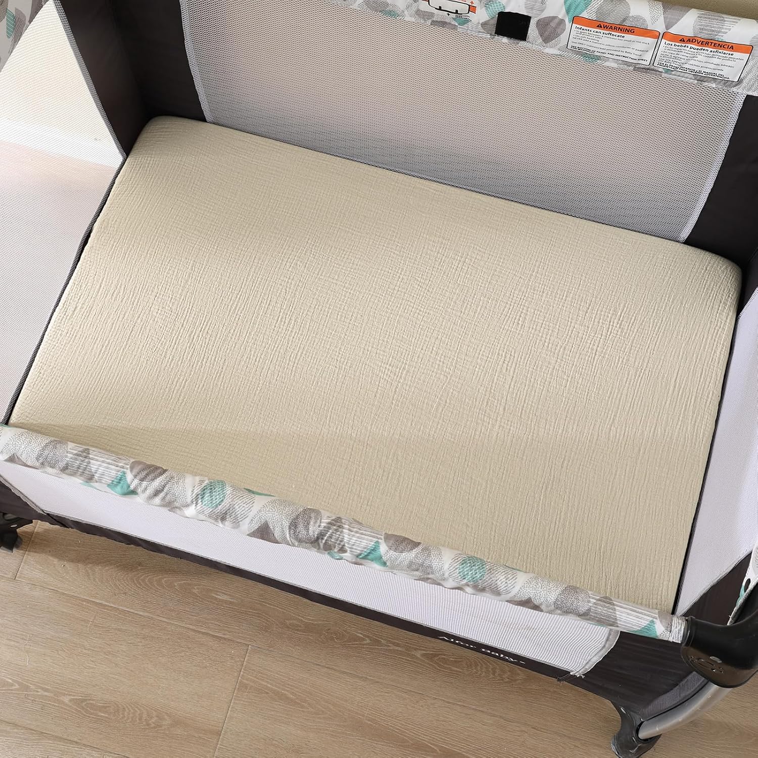 david's kids Muslin Mini Crib Sheets, 2 Pack Cotton Pack N Play Sheets for Boys Girls Neutral, Soft Breathable Baby Sheets Fit Pack N Play, Playard and Mini Crib Mattresses, Oat Milk & Light Gray